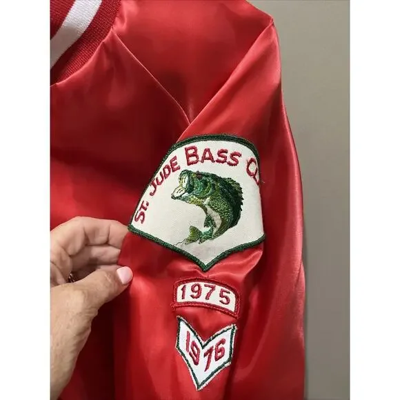 Vintage 1980s BASS MASTERS Red Satin Bomber Jacket w/PatchS & Logo